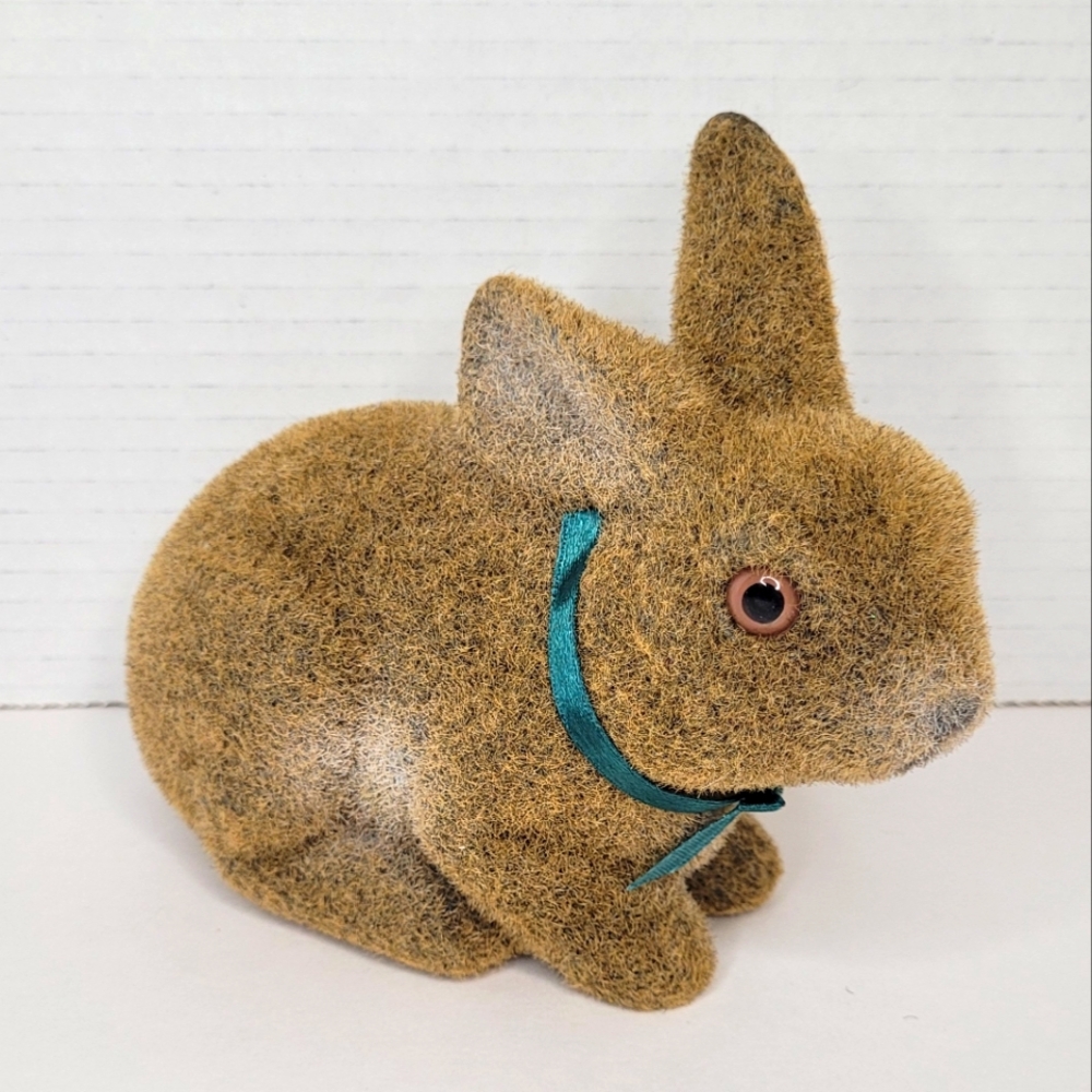 Vintage Flocked Brown Bunny Rabbit Blow Mold Figurine with Teal Bow Excellent